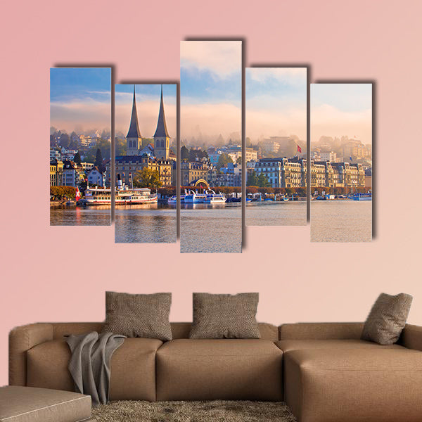 Town of Luzern morning fog view from Lake Multi panel canvas wall art