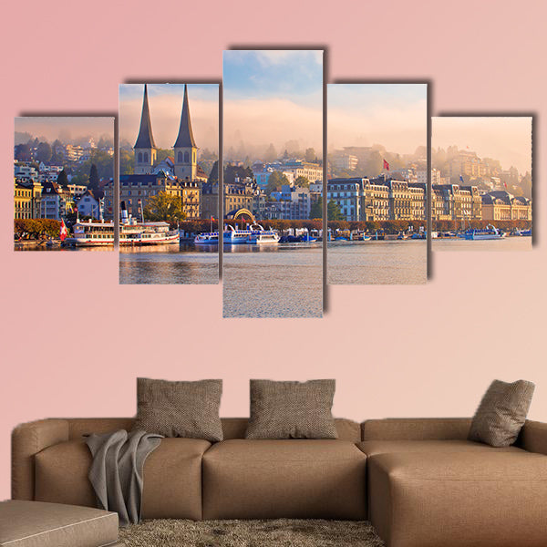 Town of Luzern morning fog view from Lake Multi panel canvas wall art