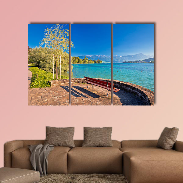 Lake Lucerne bench and waterfront view, Switzerland multi panel canvas wall art