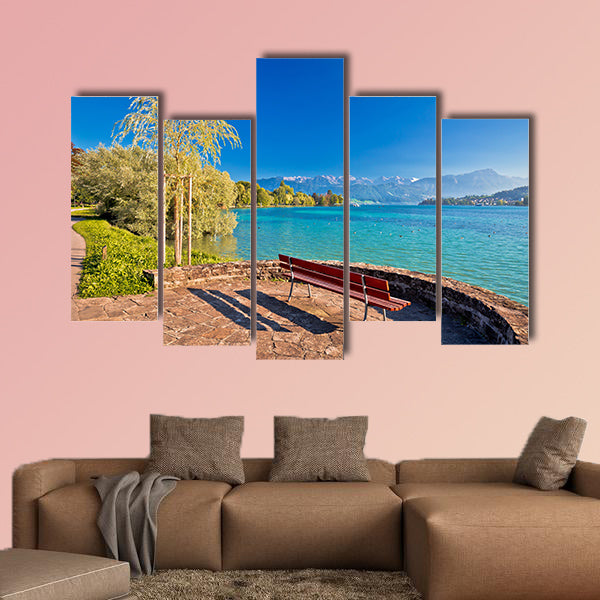 Lake Lucerne bench and waterfront view, Switzerland multi panel canvas wall art