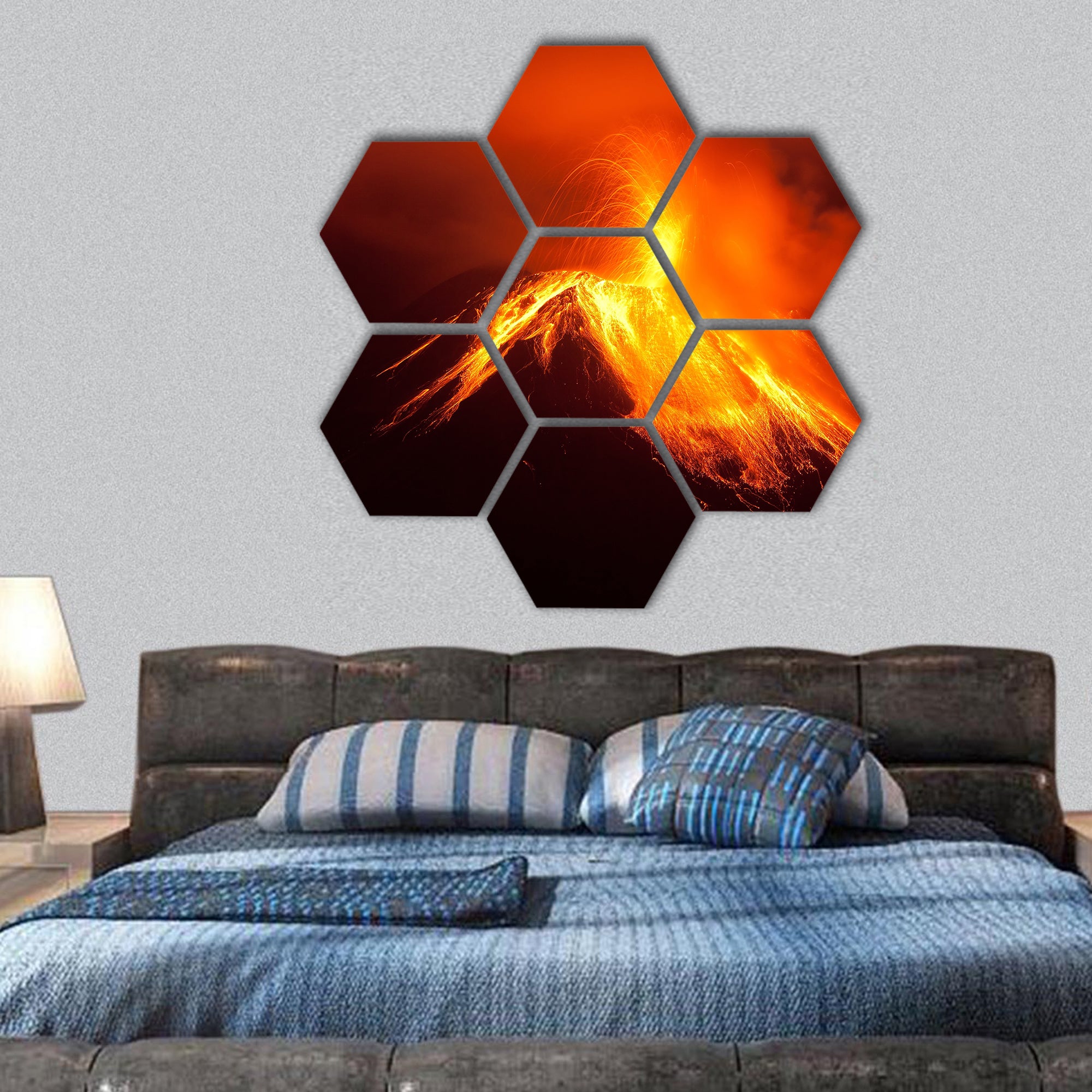 Volcano exploding in the night hexagonal canvas wall art