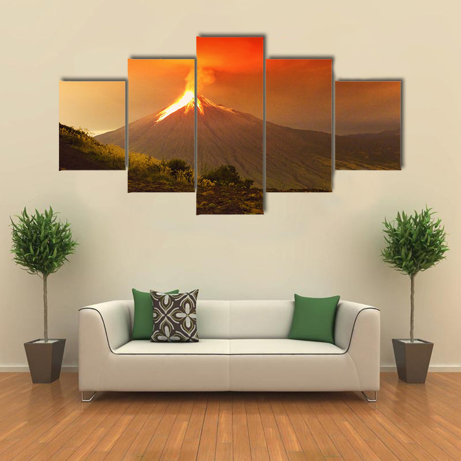 Long exposure of Tungurahua volcano exploding in the night of, Ecuador multi panel canvas wall art