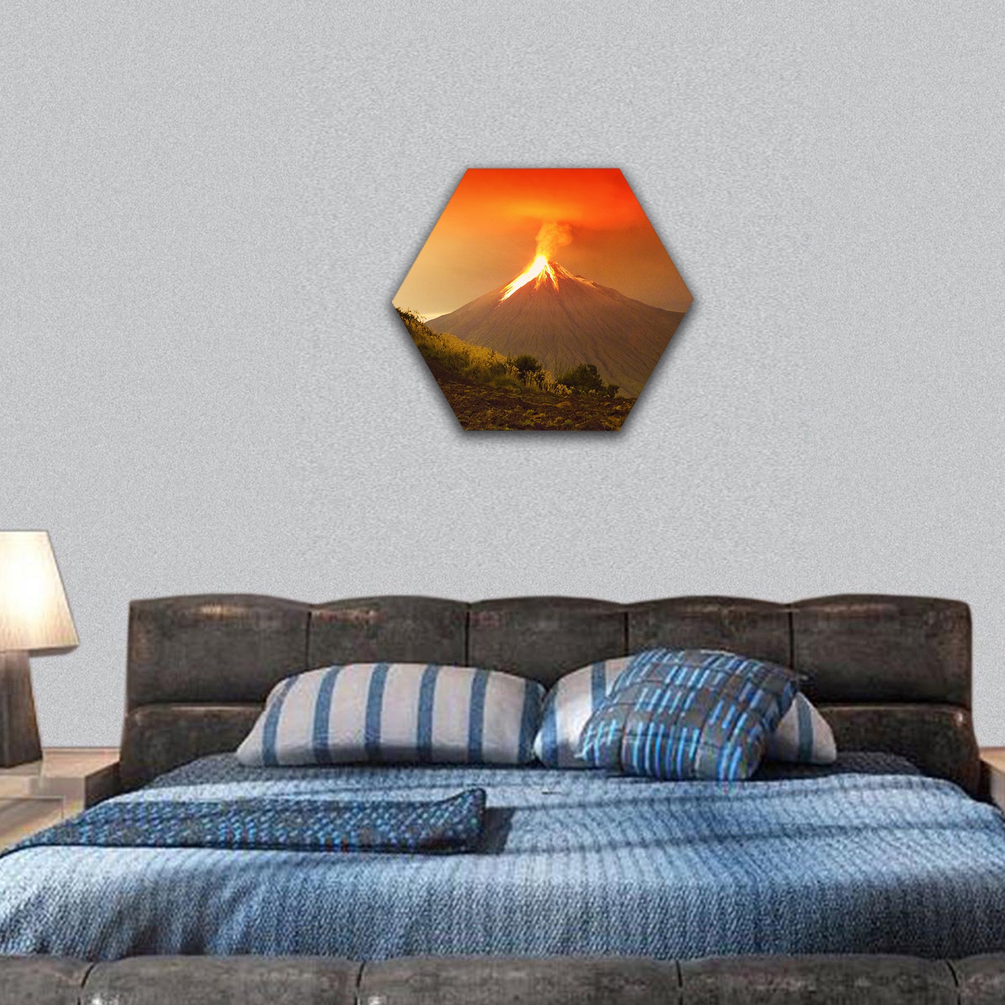 Volcano exploding in the night hexagonal canvas wall art