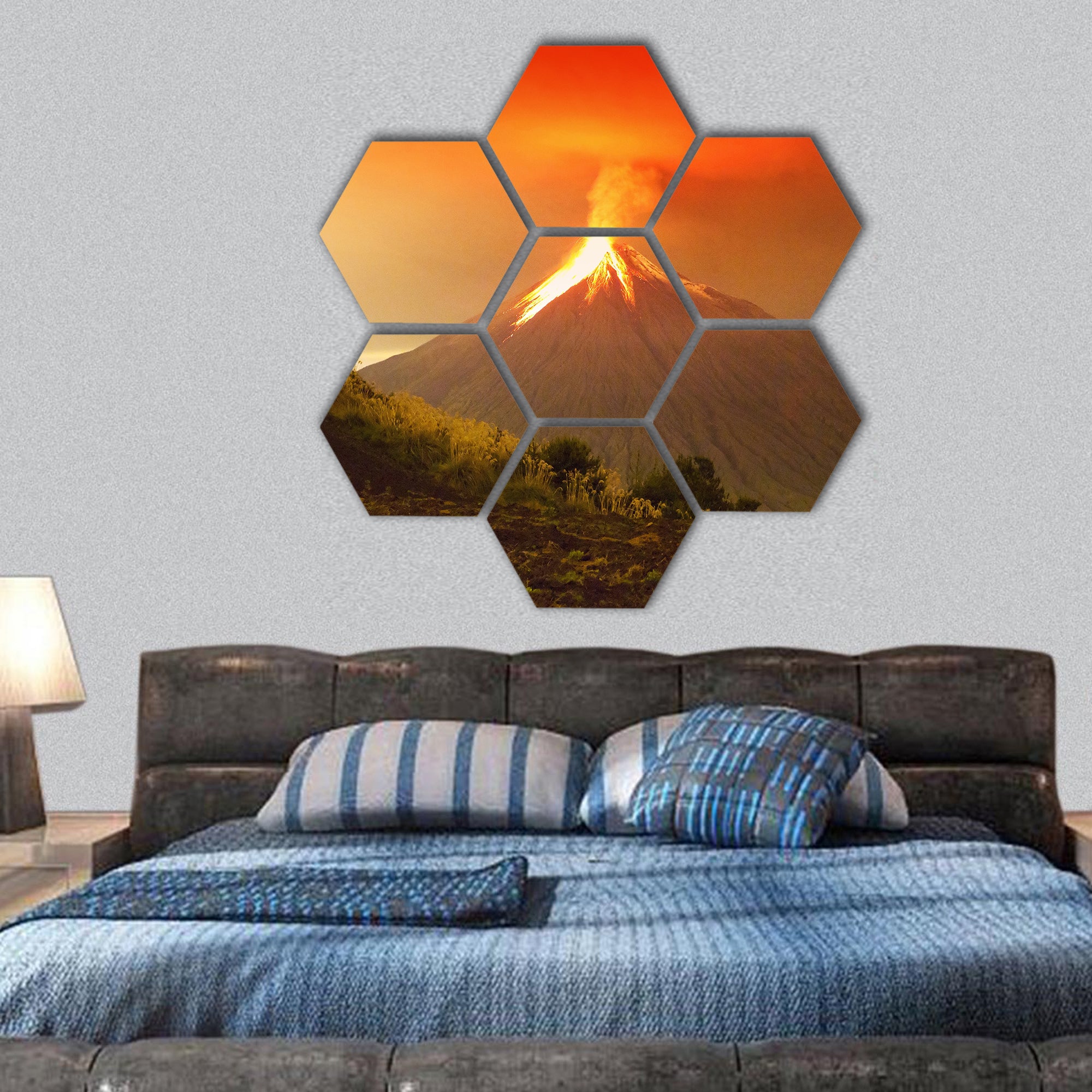 Volcano exploding in the night hexagonal canvas wall art