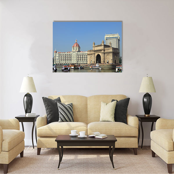Gate of India and hotel Taj Mahal Palace in Mumbai Multi Panel Canvas Wall Art