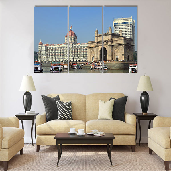 Gate of India and hotel Taj Mahal Palace in Mumbai Multi Panel Canvas Wall Art