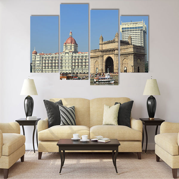 Gate of India and hotel Taj Mahal Palace in Mumbai Multi Panel Canvas Wall Art