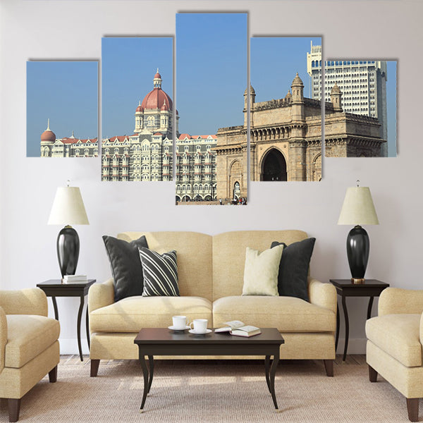 Gate of India and hotel Taj Mahal Palace in Mumbai Multi Panel Canvas Wall Art