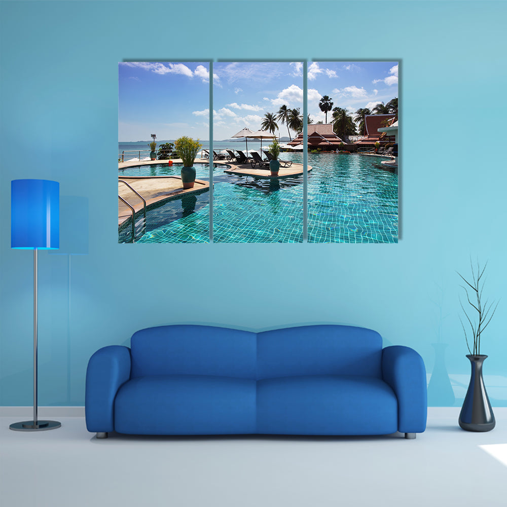 Tropical resort, a Poolside with beautiful sea view, multi panel canvas wall art