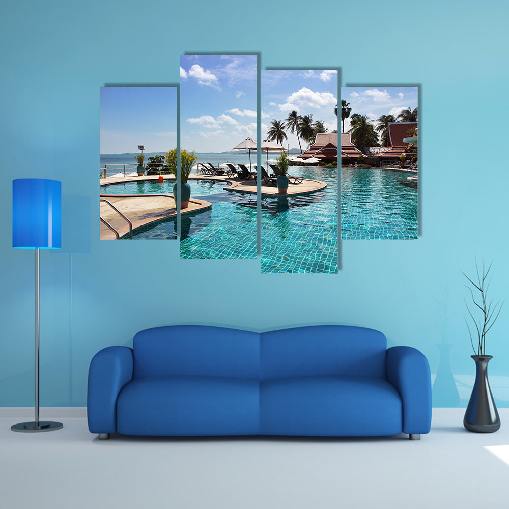 Tropical resort, a Poolside with beautiful sea view, multi panel canvas wall art