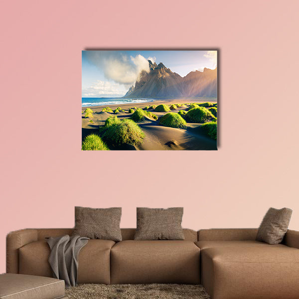 Impressive summer view of green dunes on the Stokksnes wall art