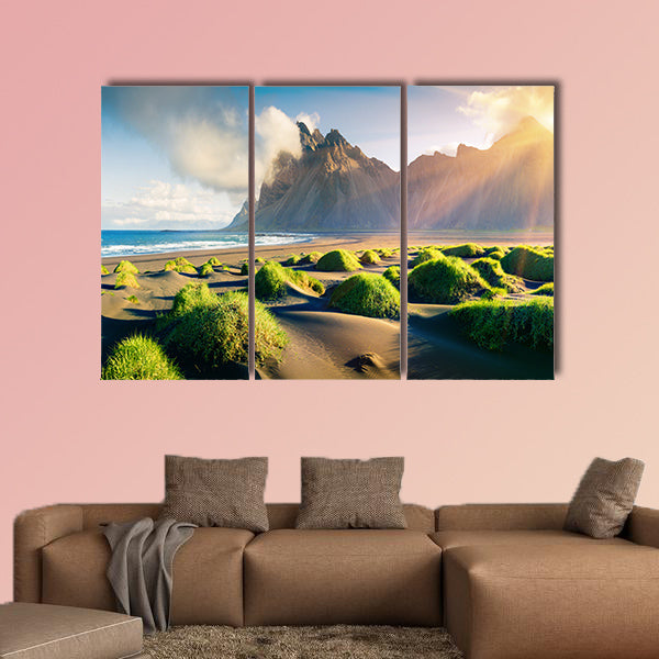 Impressive summer view of green dunes on the Stokksnes wall art