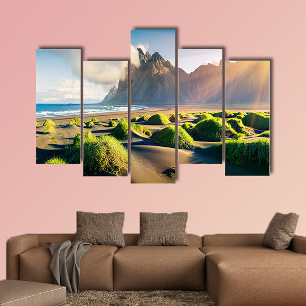 Impressive summer view of green dunes on the Stokksnes wall art