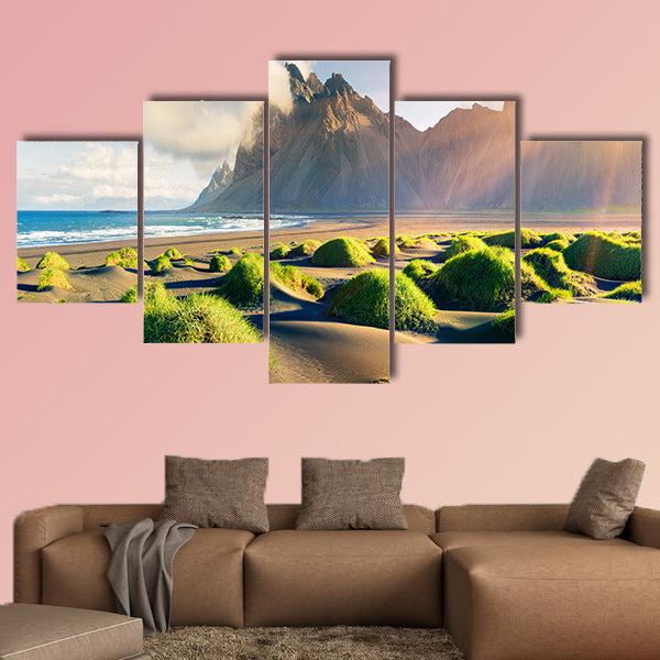 Impressive summer view of green dunes on the Stokksnes wall art