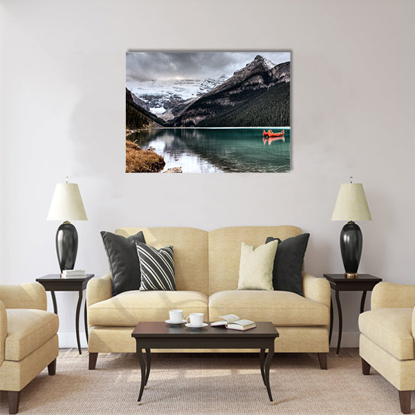 Lake Louise Glacier canoe and emerald color Multi panel canvas wall art