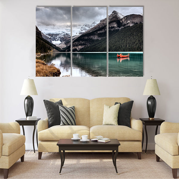 Lake Louise Glacier canoe and emerald color Multi panel canvas wall art