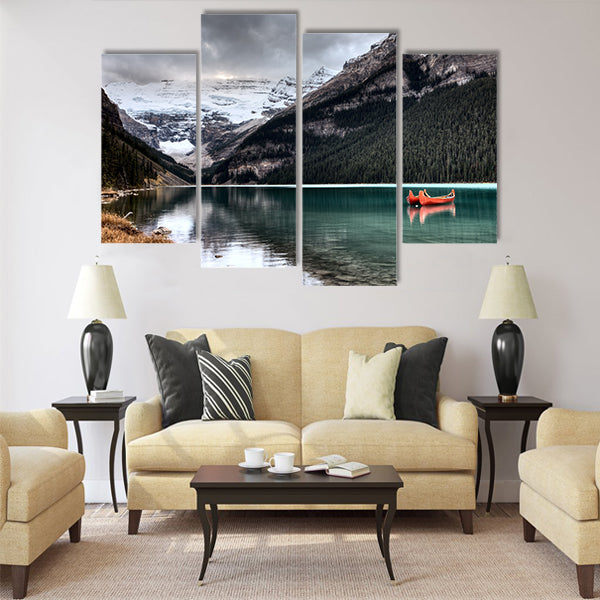 Lake Louise Glacier canoe and emerald color Multi panel canvas wall art