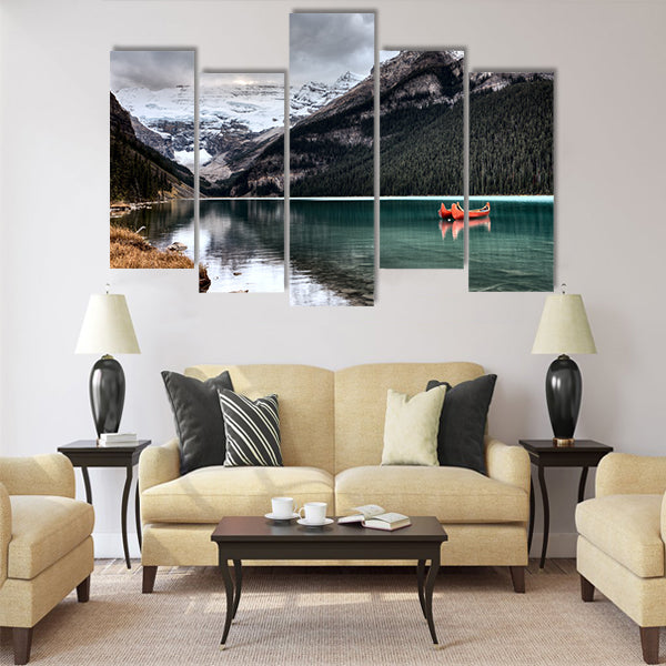 Lake Louise Glacier canoe and emerald color Multi panel canvas wall art