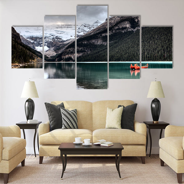 Lake Louise Glacier canoe and emerald color Multi panel canvas wall art