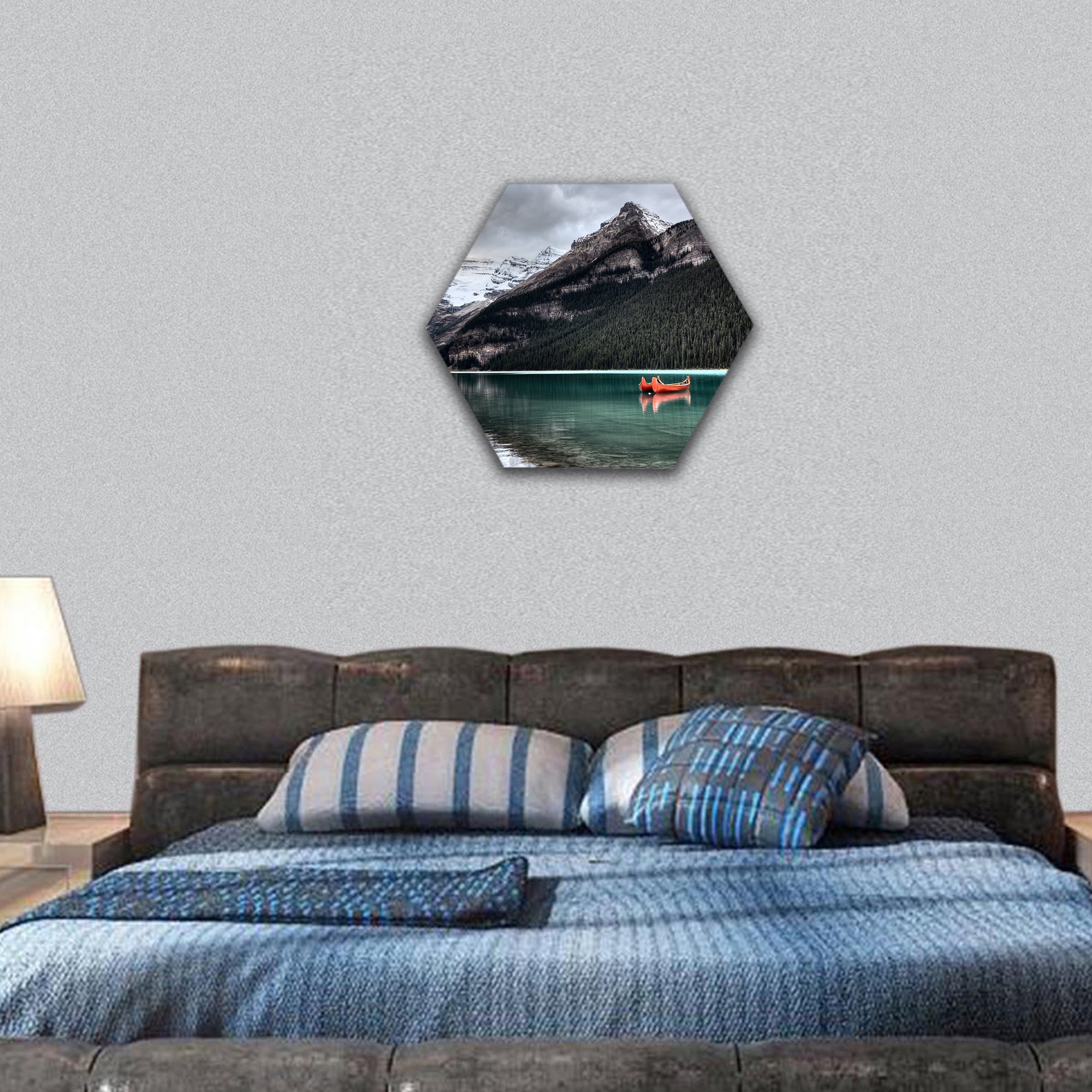 Lake Louise Glacier canoe and emerald color hexagonal canvas wall art