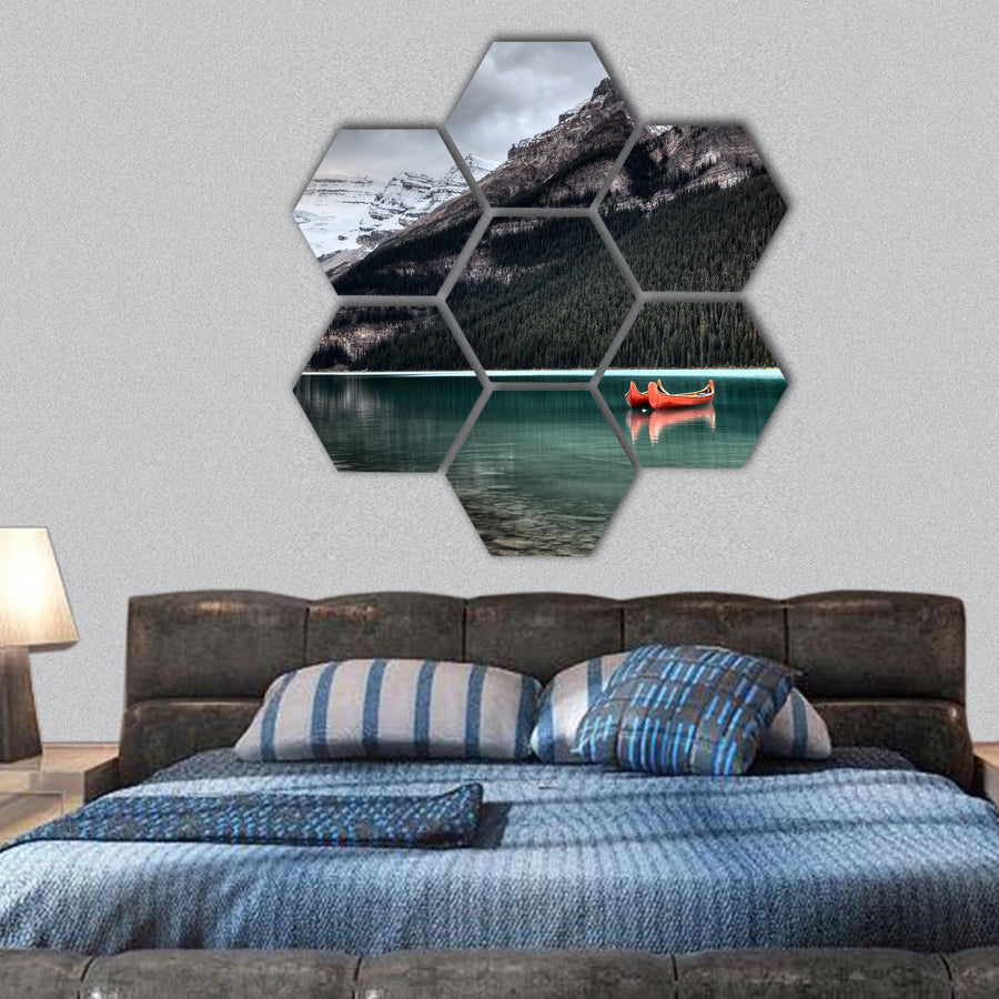Lake Louise Glacier canoe and emerald color hexagonal canvas wall art