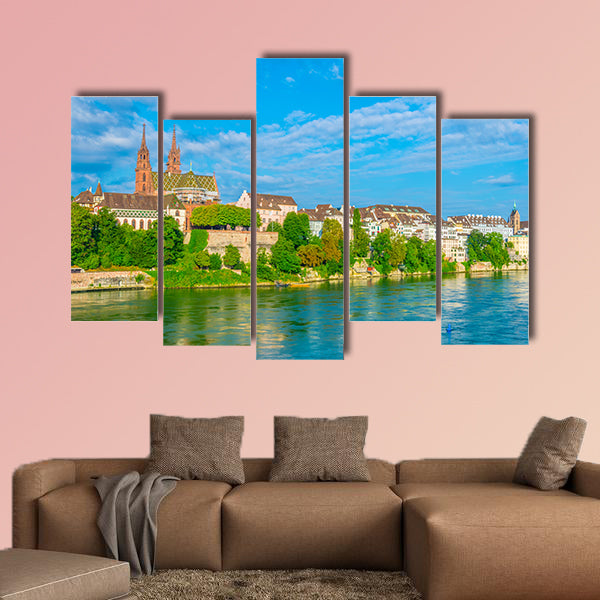 Riverside of Rhine in Basel, Switzerland multi panel canvas wall art