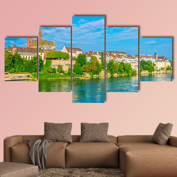 Riverside of Rhine in Basel, Switzerland multi panel canvas wall art