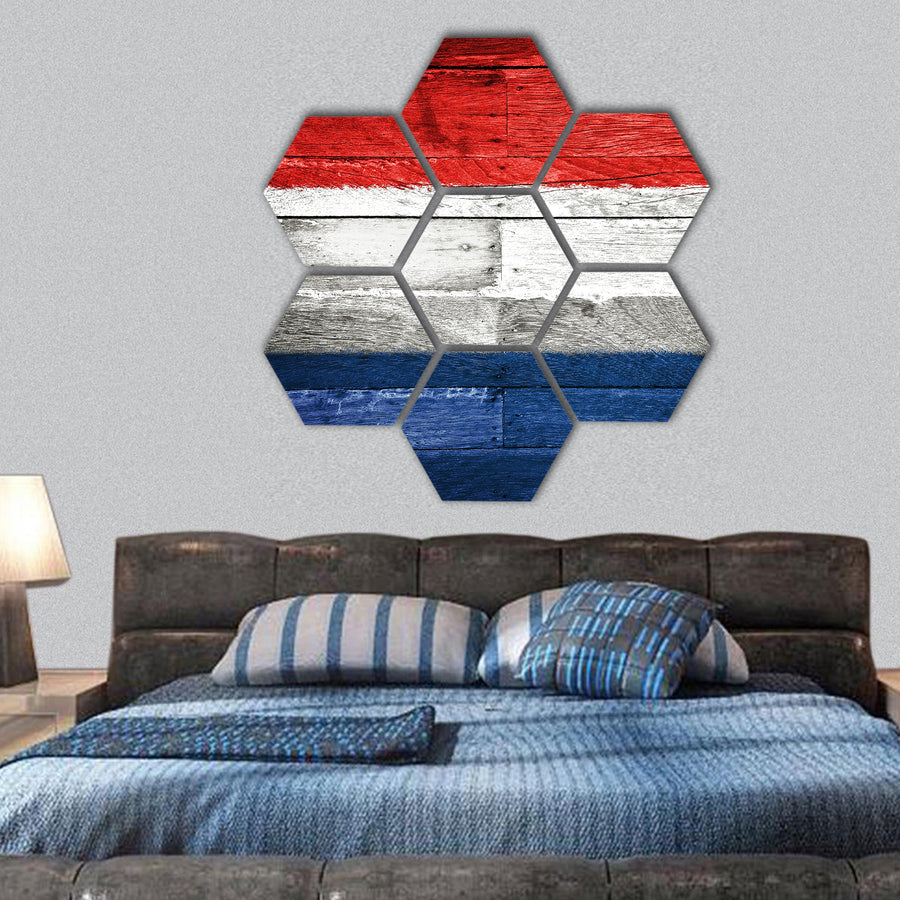 Netherlands flag painted on old wood background hexagonal canvas wall art