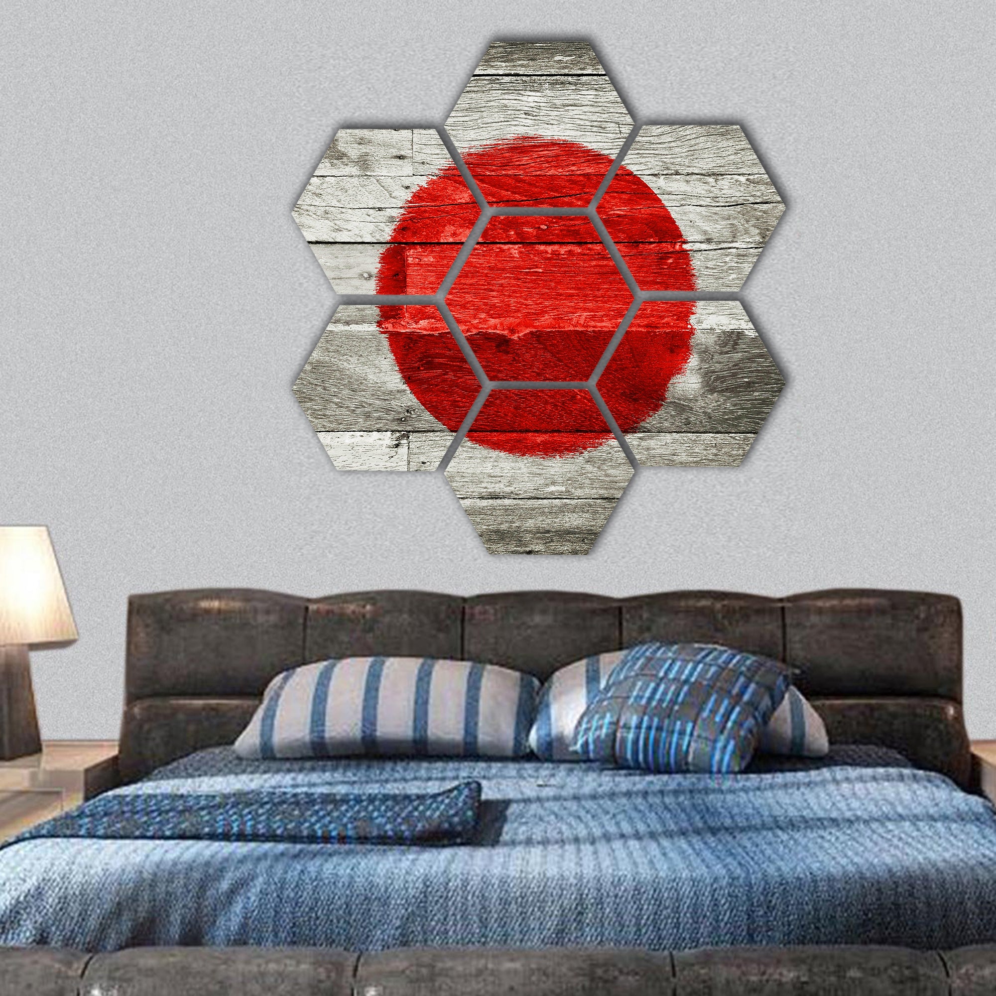 Japan flag painted on old wood background hexagonal canvas wall art
