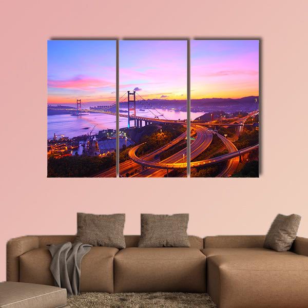 Tsing Ma Bridge at sunset moment in Hong Kong multi panel canvas wall art