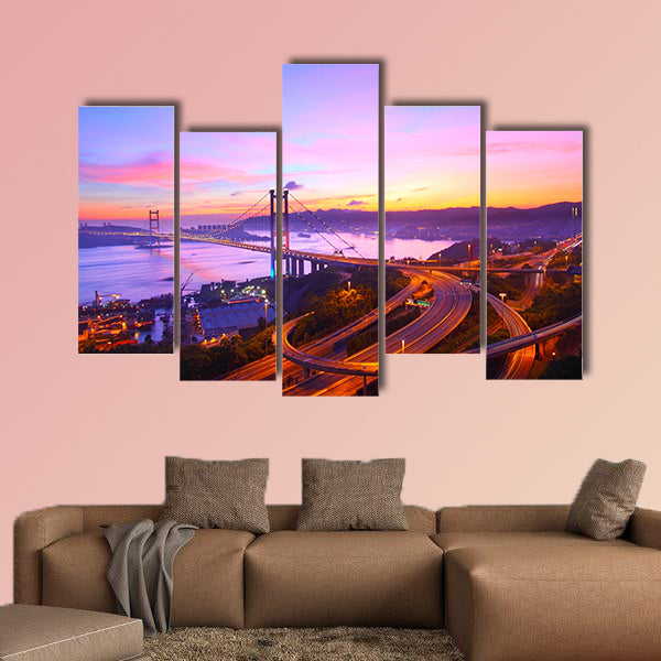Tsing Ma Bridge at sunset moment in Hong Kong multi panel canvas wall art
