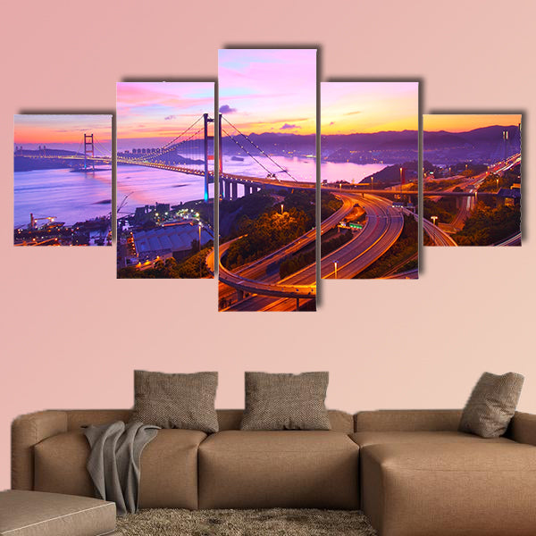 Tsing Ma Bridge at sunset moment in Hong Kong multi panel canvas wall art