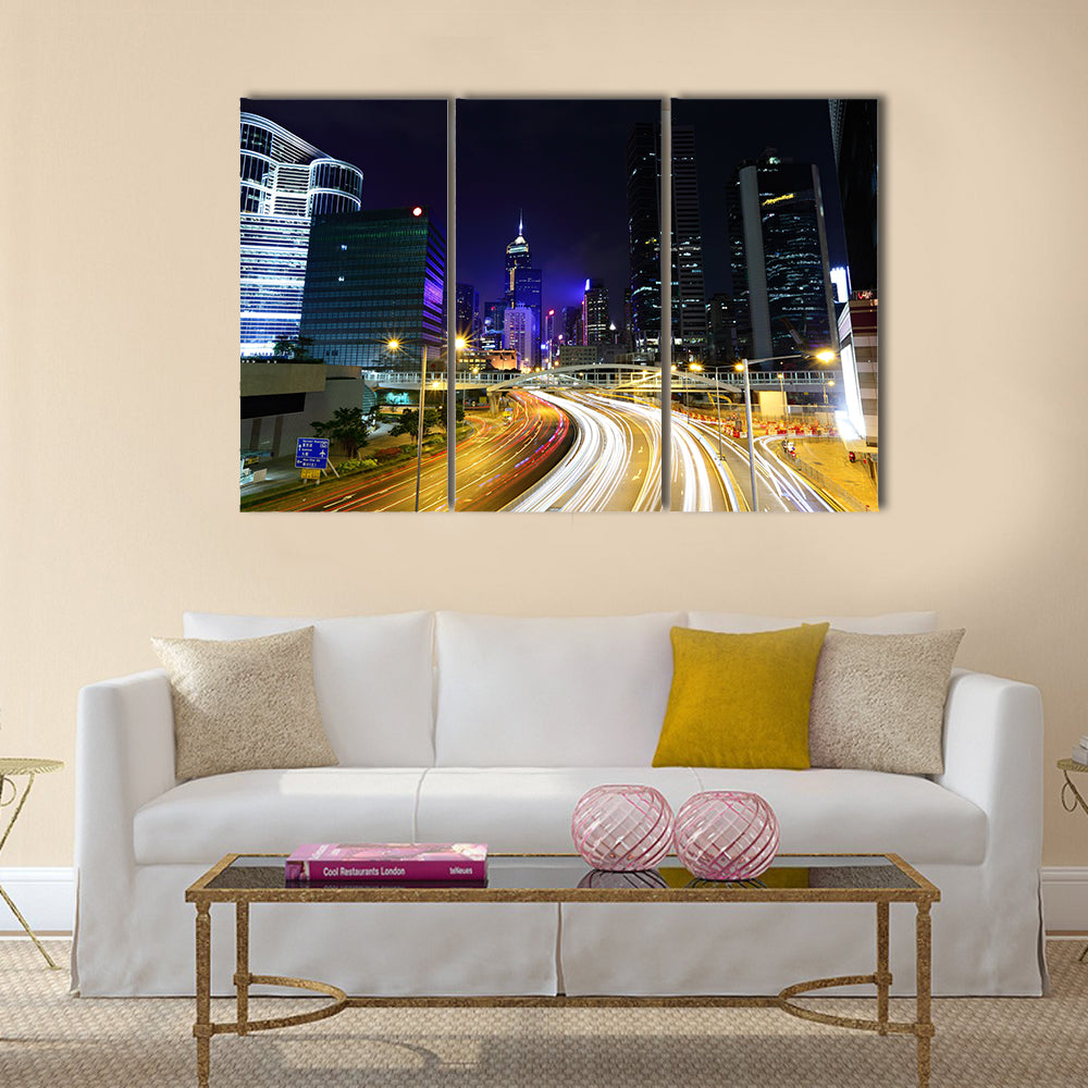 Traffic in city at night Multi Panel Canvas Wall Art
