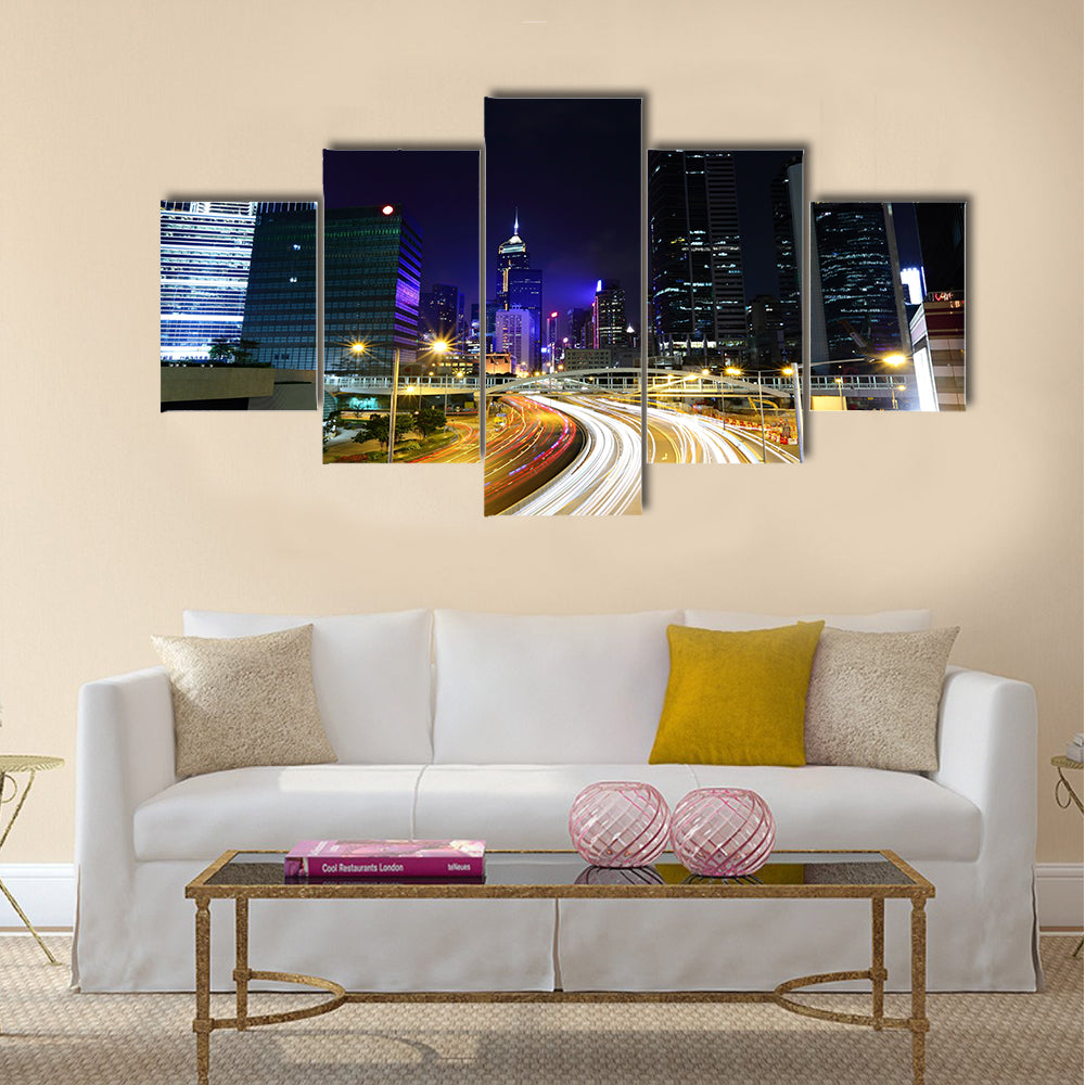 Traffic in city at night Multi Panel Canvas Wall Art