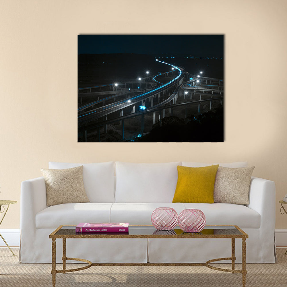 Freeway in night with cars light multi panel canvas wall art