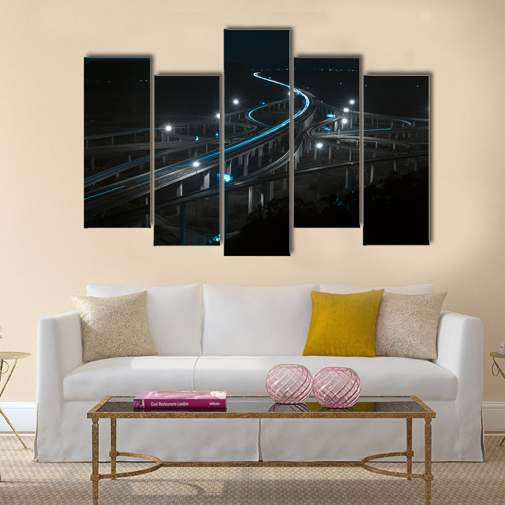 Freeway in night with cars light multi panel canvas wall art