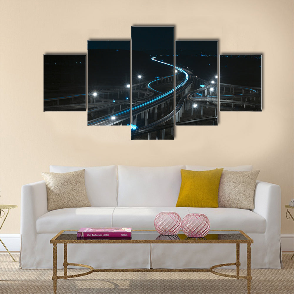 Freeway in night with cars light multi panel canvas wall art