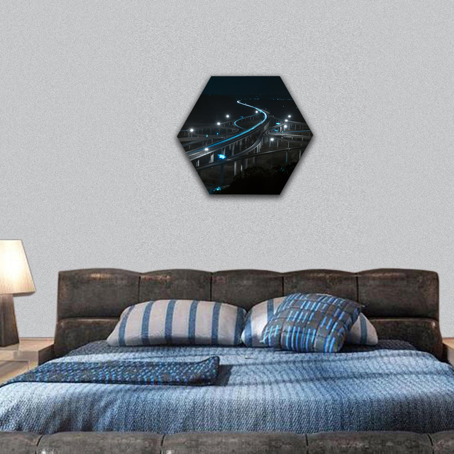 Freeway in night with cars light hexagonal canvas wall art