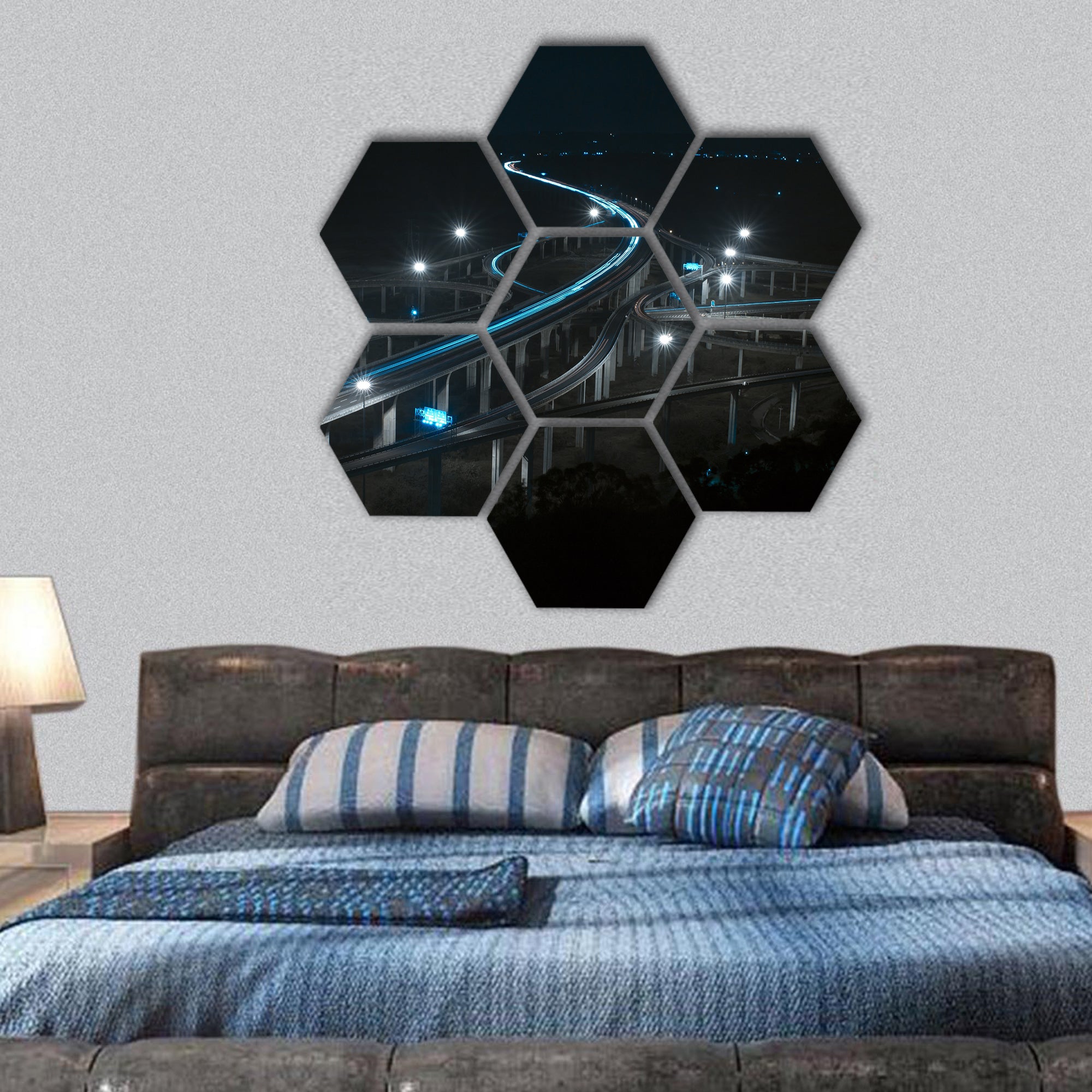Freeway in night with cars light hexagonal canvas wall art