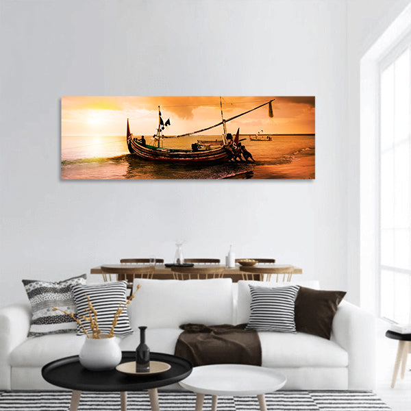 Local boat on the beach at sunset time Bali , Indonesia panoramic canvas wall art