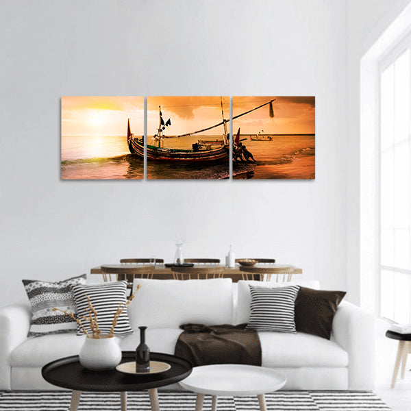 Local boat on the beach at sunset time Bali , Indonesia panoramic canvas wall art