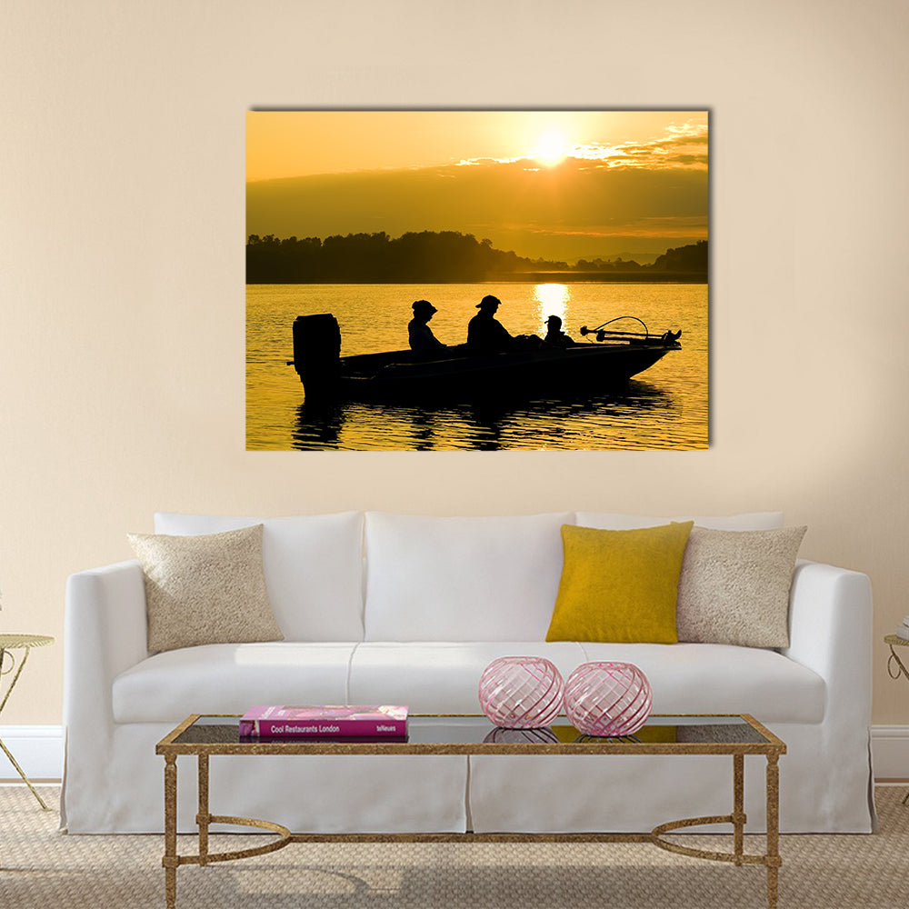 Fishermen boating on a lake at sunrise multi panel canvas wall art