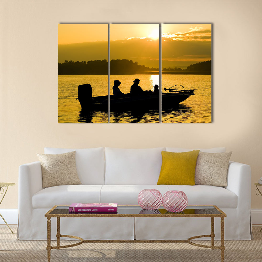 Fishermen boating on a lake at sunrise multi panel canvas wall art