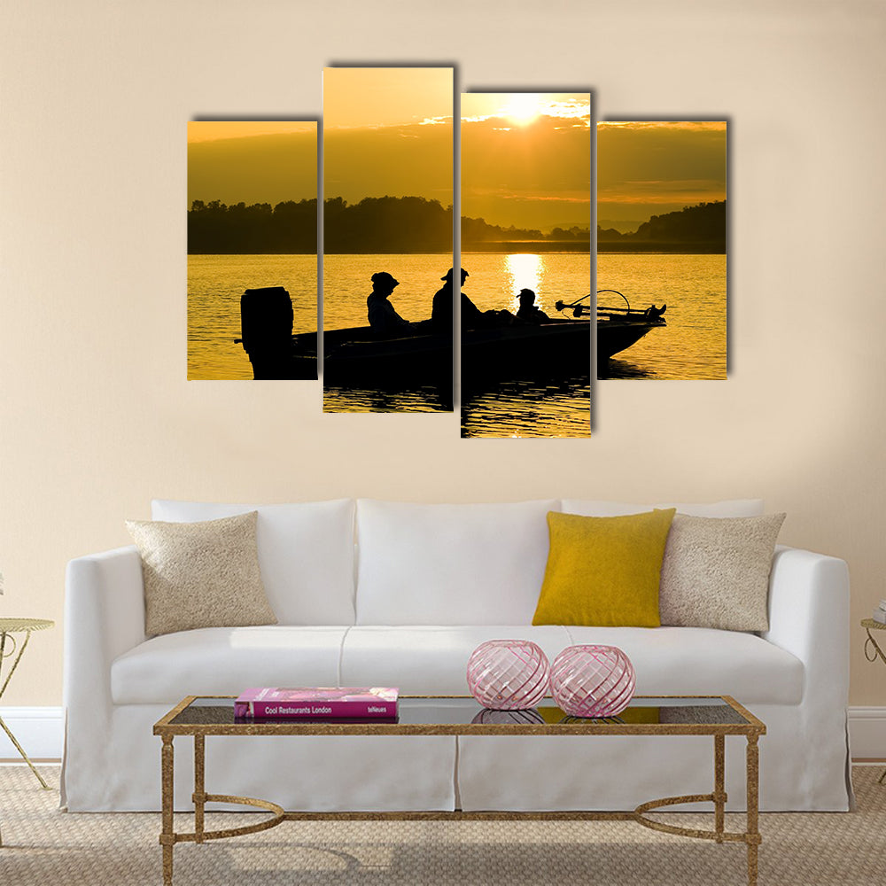 Fishermen boating on a lake at sunrise multi panel canvas wall art
