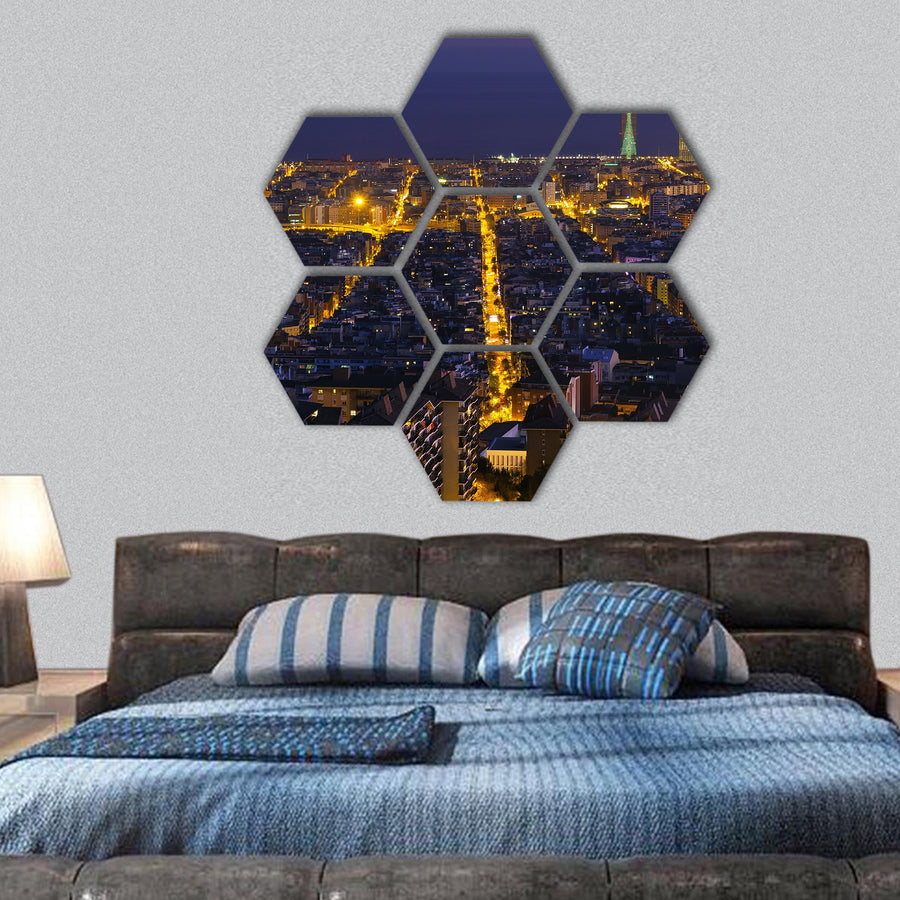 Night view of city Barcelona Spain, mountain of Montjiuc hexagonal canvas wall art