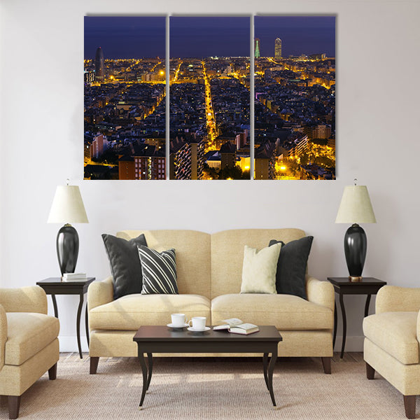 Night panorama of the city of Barcelona Spain Multi panel canvas wall art
