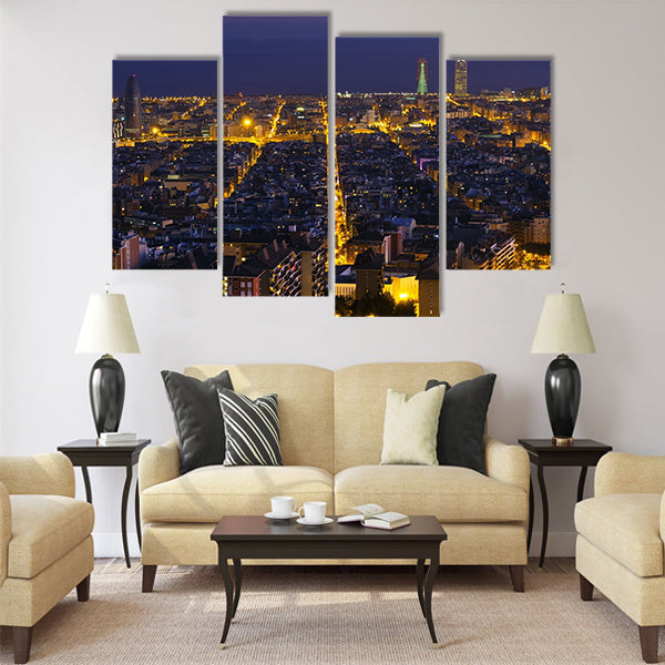 Night panorama of the city of Barcelona Spain Multi panel canvas wall art