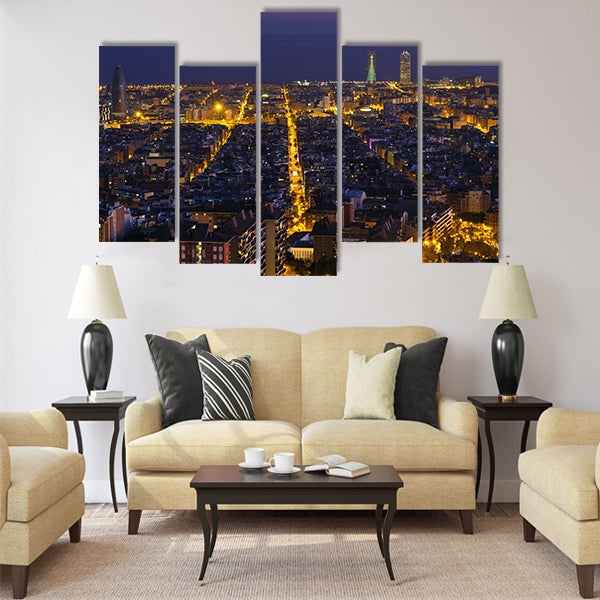 Night panorama of the city of Barcelona Spain Multi panel canvas wall art