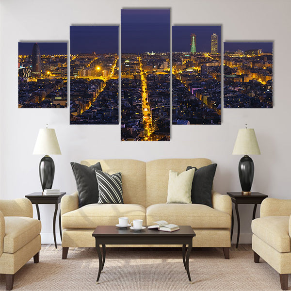 Night panorama of the city of Barcelona Spain Multi panel canvas wall art