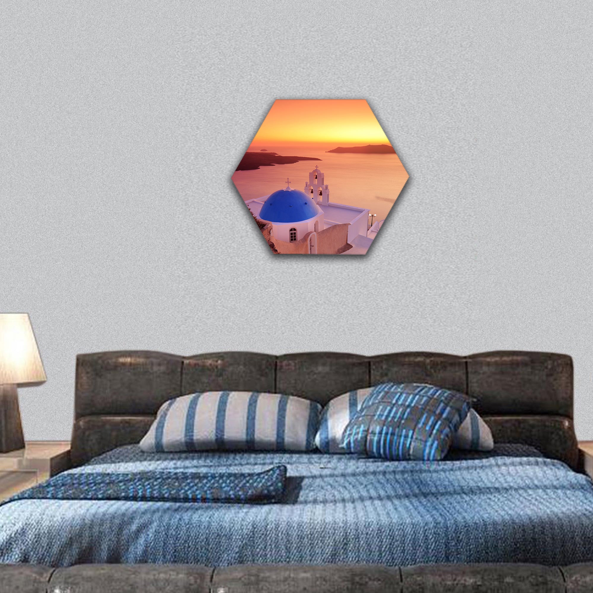 Blue dome Church St. Spirou on island hexagonal canvas wall art